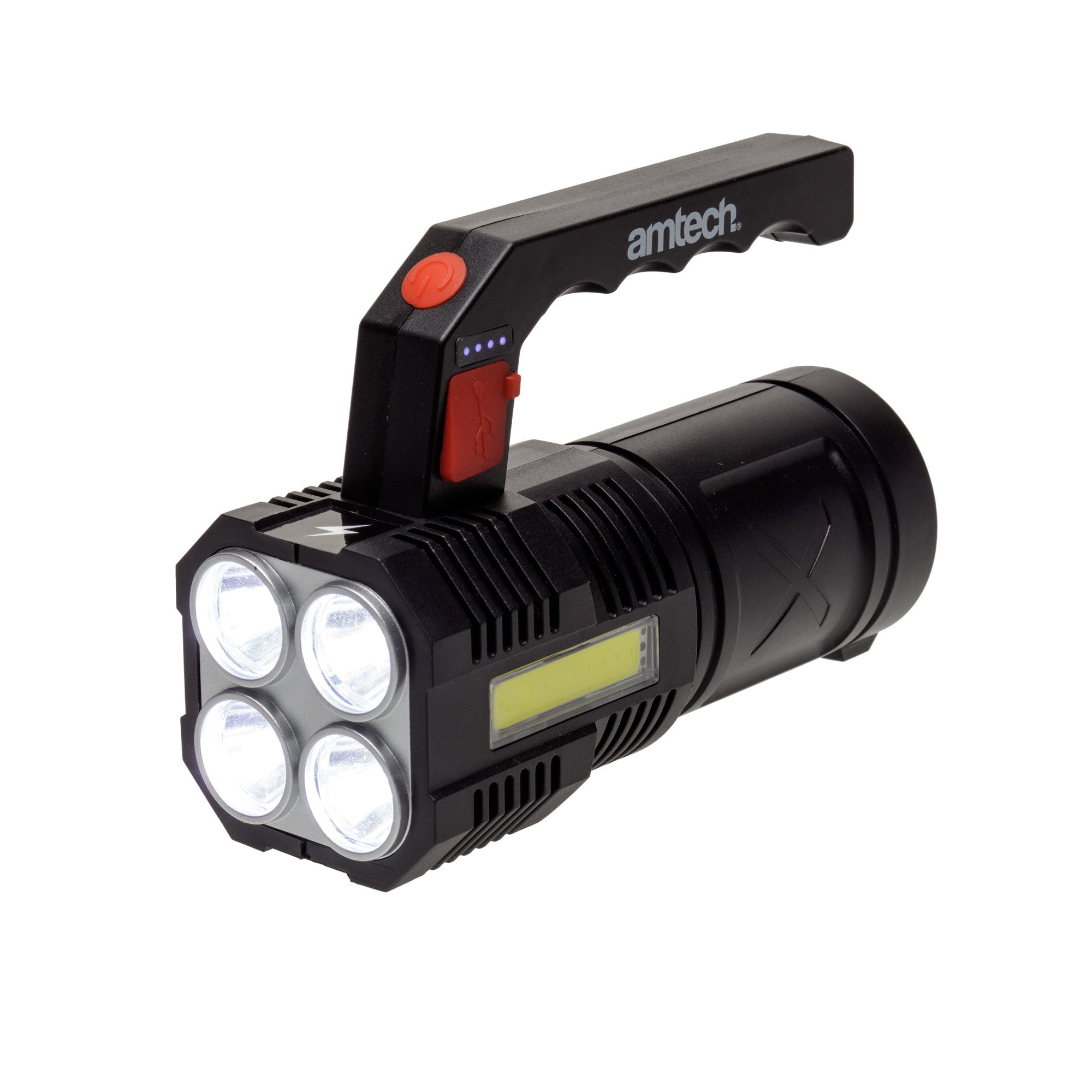 amtak rechargeable flashlight Amtech - Rechargeable Portable Lamp for the Garage, Camping, and More, Home DIY, 4 LED Lights with 3 Adjustable Lighting Modes and Side Light, Lasts up to 6 Hours, Lightweight and Portable (10W)