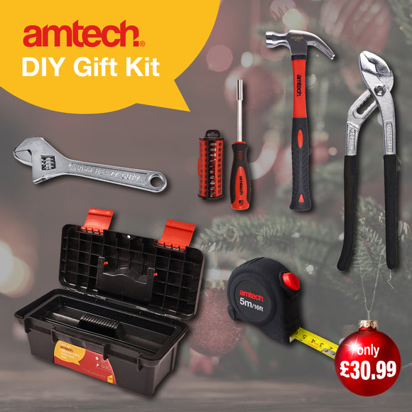 6-Piece DIY Gift Set – Hammer, Pliers, Adjustable Wrench, Tape Measure, Screwdriver Bit Set & Mini Tool Box
