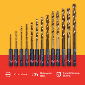 13pc 1/4" TITANIUM NITRIDE COATED HSS DRILL BIT SET