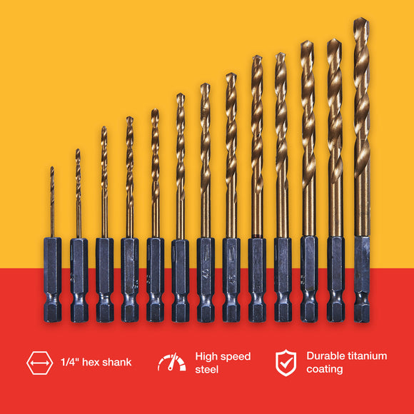 13pc 1/4" TITANIUM NITRIDE COATED HSS DRILL BIT SET