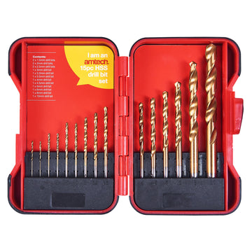 15pc HSS DRILL BIT SET TITANIUM NITRIDE COATED