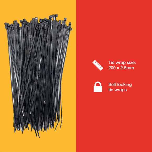 100pcs TIE WRAPS (200 x 2.5 mm) BLACK