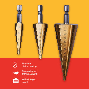 3pc HIGH SPEED STEEL STEP DRILL SET (LARGE)