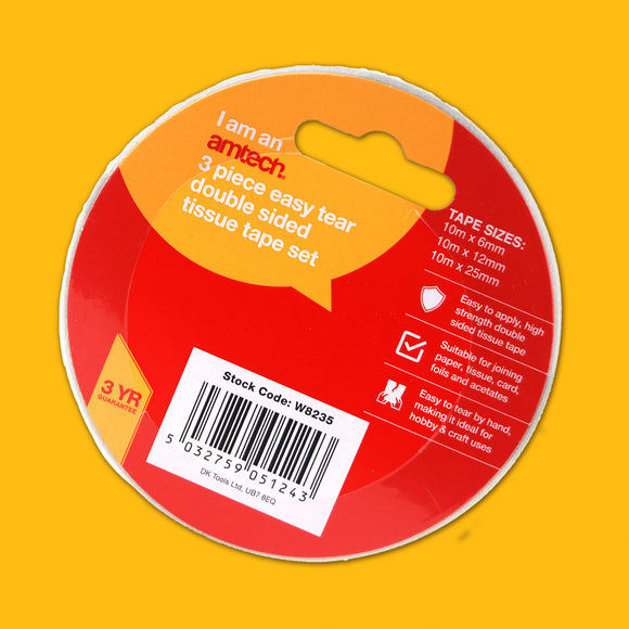 3PCS EASY TEAR DOUBLE SIDED TISSUE TAPE (6mm x 10M, 12 mm x 10M, 25 mm x 10M)