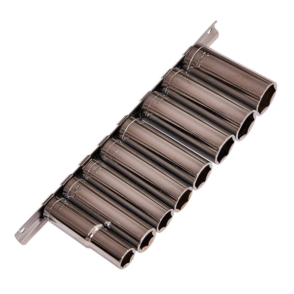 9pc 1/2'' DRIVE 6pt DEEP METRIC SOCKETS ON RAIL