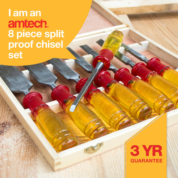 8pc SPLIT PROOF CHISEL SET IN WOODEN BOX