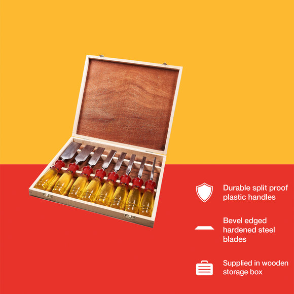 8pc SPLIT PROOF CHISEL SET IN WOODEN BOX
