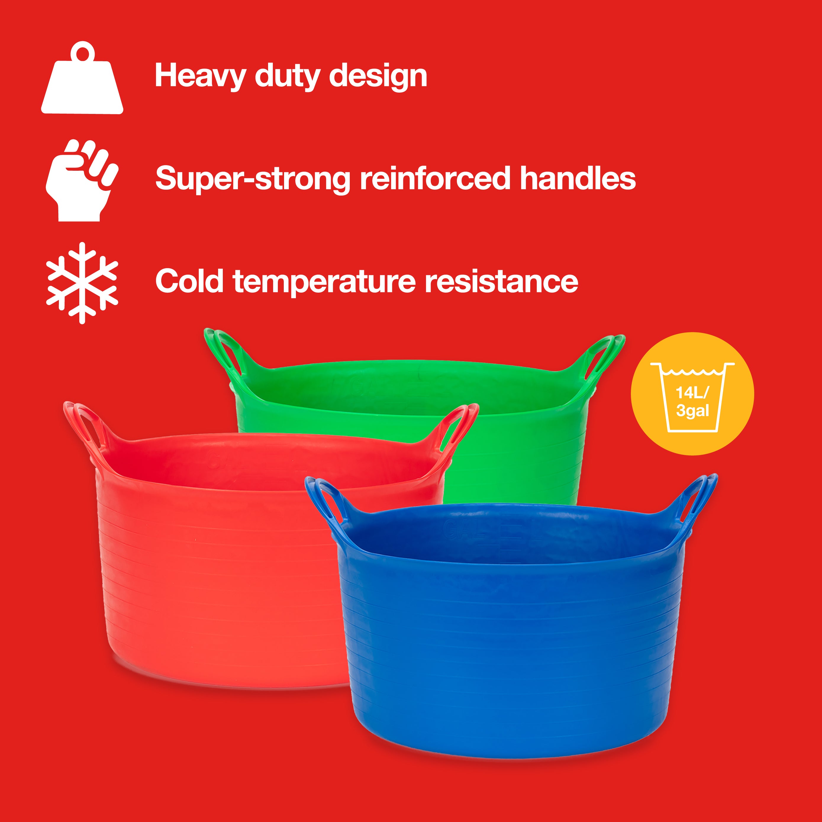 N3080 3-Piece 14L Flexitub Set – Durable Multi-Purpose Tubs In Red, Green & Blue - Fallback Image