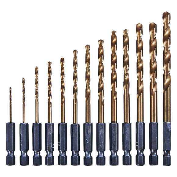 13pc 1/4" TITANIUM NITRIDE COATED HSS DRILL BIT SET