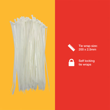 100pcs TIE WRAPS (200 x 2.5 mm) WHITE