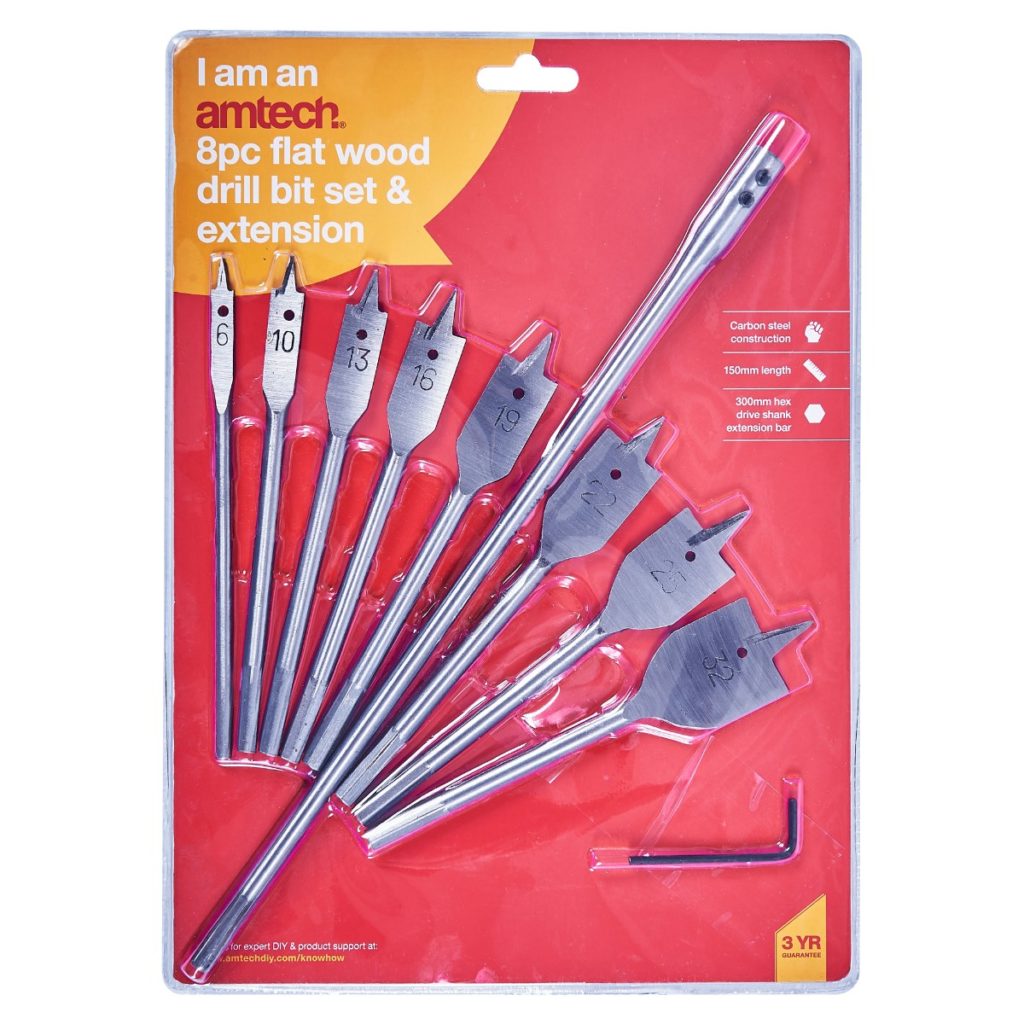 8pc flat wood bit set + 12'' extension - Amtech