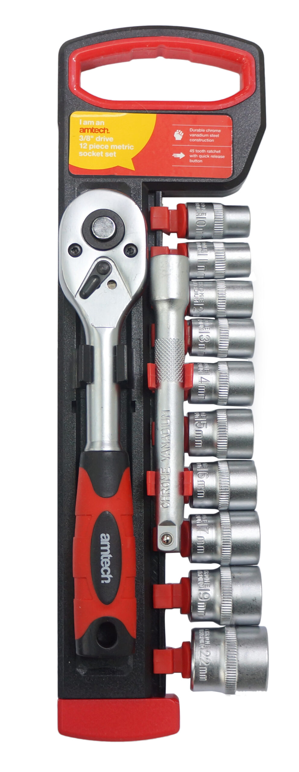 3/8" 10mm-22mm con rail AMTECH 12 PEZZI Unità Socket Set Con Holding Binario 
