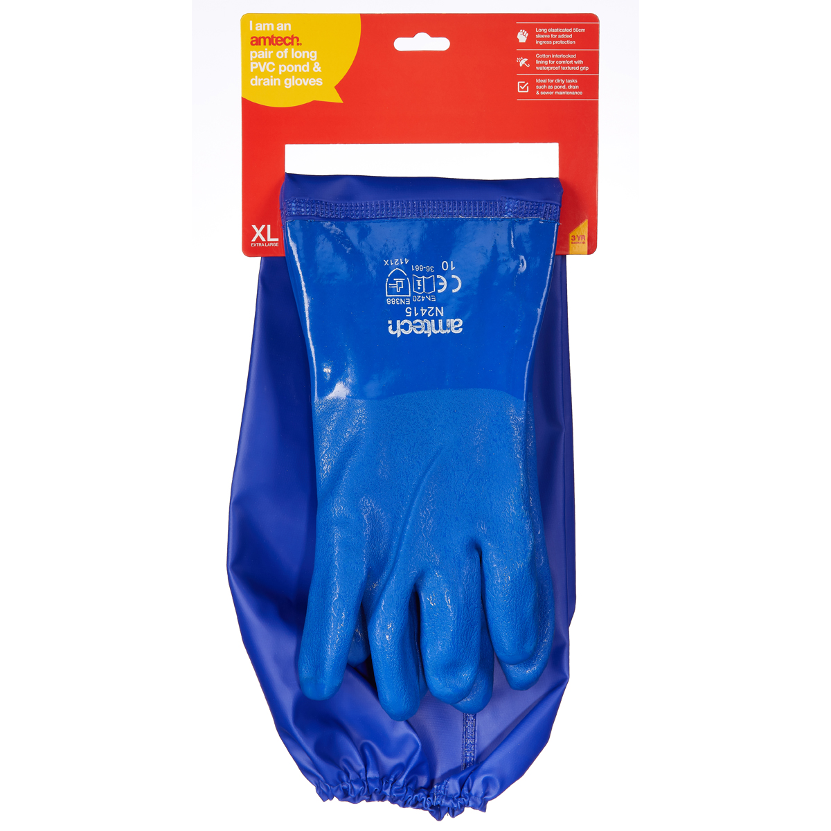 Long Pvc Pond & Drain Gloves Size 10 Xl Elasticated Sleeve N2415 68Cm Amtech 