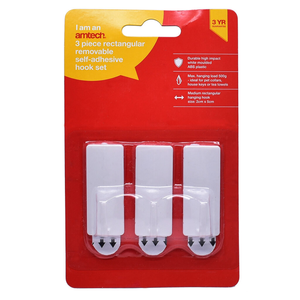 Amtech 3 Piece rectangular, removable self-adhesive hook set